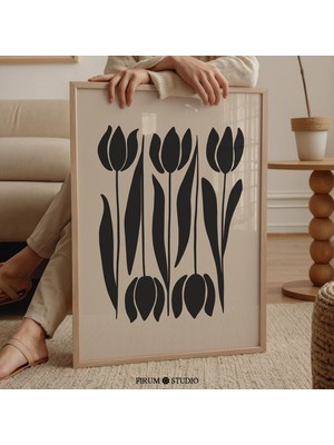 Ninastore Siyah ve Bej Lale Baskılı Duvar Sanatı / Orta Çağ Modern Botanik Baskı / Soyut Çiçekli Duvar Dekoru
