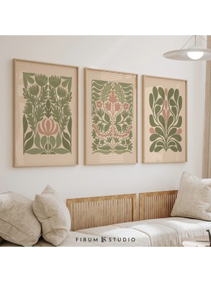 Ninastore Adaçayı Yeşili Botanik Baskılı Duvar Sanatı 3'lü Seti – Soyut Bitki Tasarımları/ Yumuşak Kır Evi Tar