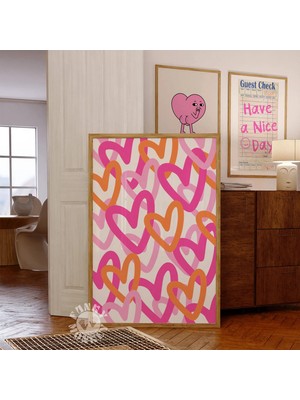 Ninastore Şık ve Modaya Uygun Pembe Turuncu Kalpler Baskılı Poster/ Grafiti Kalpler Duvar Sanatı Baskısı/ Soyu