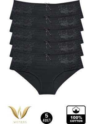 wcreas Yanları Dantelli Pamuklu Kadın Bato Külot, 5'li Paket Pamuklu Yumuşak Kumaş Dantelli Külot