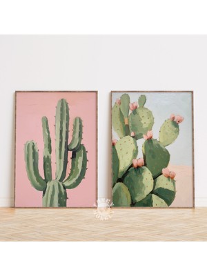 Ninastore 2'li Kaktüs Baskı Seti / Retro Batı Estetiği / Pembe Çöl Kaktüsü Baskılı Duvar Sanatı / Trend Poster