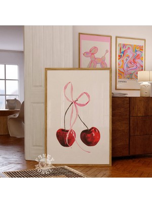 Ninastore Kiraz Baskılı/ Trend Duvar Sanatı/ Yazdırılabilir Kadınsı Poster/ Şık Pembe Kurdeleli Yatak Odası De