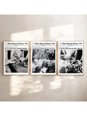 Ninastore 3'lü Şık Gazete Baskı Seti / Kokteyl Başlık Poster Seti / Bar Arabası Sanat Baskıları / Happy Hour Ş