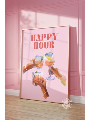 Ninastore Pembe Mutlu Saatler Dijital Baskı/ Trend Duvar Sanatı/ Pembe Bar Arabası Sanat Baskısı/ Kokteyl Post