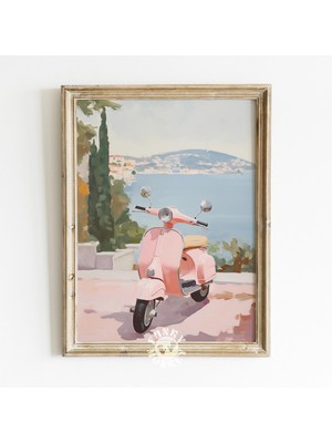 Ninastore Pembe Vespa Amalfi Sahili Duvar Sanatı Baskısı / Retro Italya Seyahat Posteri / Pembe Kız Çocuk Este
