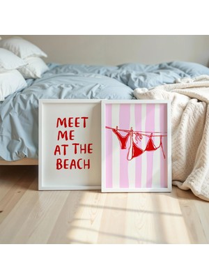 Ninastore Sahil Yazı Bikini Baskı Seti (2 Parça) Pembe Kırmızı Plaj Duvar Sanatı / Çamaşır Ipinde Bikini Trend