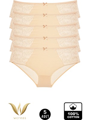wcreas Yanları Dantelli Pamuklu Kadın Bato Külot, 5'li Paket Pamuklu Yumuşak Kumaş Dantelli Külot