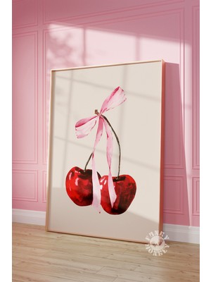 Ninastore Kiraz Temalı Duvar Sanatı Baskısı/ Yazdırılabilir Kadınsı Poster/ Şık Pembe Kurdeleli Yumuşak Kız Ço