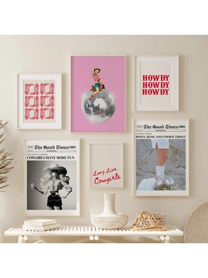Ninastore 6'lı Kovboy Kız Baskı Seti / Retro Disko Kovboy Kız Batı Tarzı Galeri Duvar Baskısı / Pembe Kırmızı