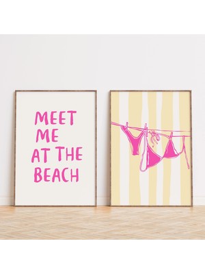 Ninastore Yazlık Bikini Dijital Baskı Seti (2 Parça) Pembe Sarı Plaj Duvar Sanatı/ Sahil Poster Seti/ Bikini Ç