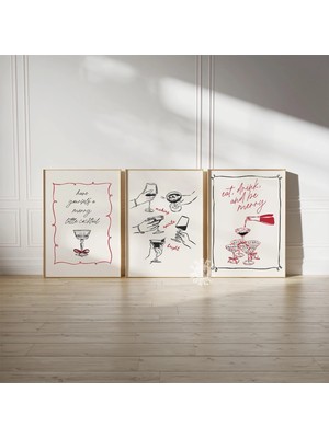 Ninastore Noel Bar Arabası Baskı Seti (3 Parça) / Kokteyl Dijital Baskı / Trend Kırmızı Kurdeleli Kokteyl Bask