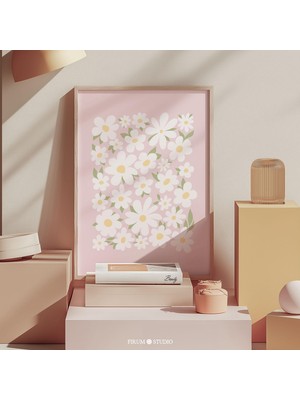 Ninastore Pastel Pembe Papatya Duvar Sanatı Baskısı - Yumuşak Çiçekli Çocuk Odası ve Boho Yatak Odası Dekorasy