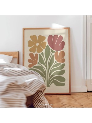 Ninastore Toprak Tonlarında Eklektik Bohem Kır Çiçeği Sanat Baskısı / Soyut Çiçekli Baskı Sanatı / Sıcak Tonla