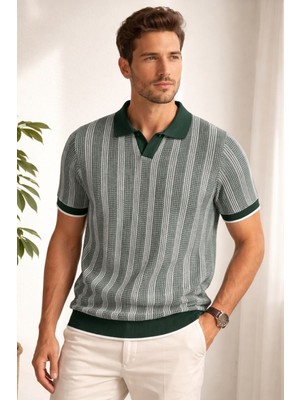 Zueofficial Erkek Yeşil Çizgili Triko Polo Yaka Tişört – Kısa Kollu, Şık & Günlük Kullanım