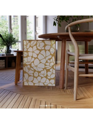 Ninastore Hardal Sarısı Soyut Çiçekli Baskılı Duvar Sanatı – Boho Botanik Illüstrasyon/ Toprak Tonlarında Nötr