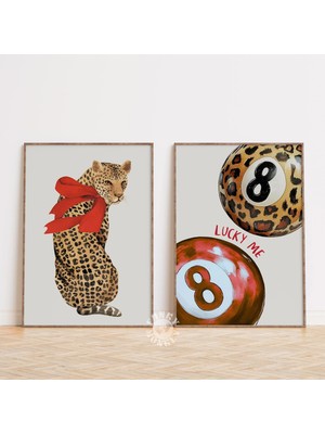 Ninastore Leopar Desenli Set/ 8 Top Dijital Baskı/ Kırmızı Trend Duvar Sanatı Baskı Seti (2 Adet)/ Retro Şansl