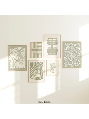 Ninastore Adaçayı Yeşili Botanik Baskılı Duvar Sanatı Seti (6 Parça) – Soyut Çiçek Desenleri/ Boho Eklektik Ga