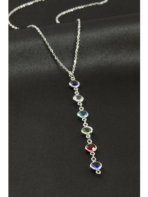 Renklime Kristal Taşlı Çelik Kolye