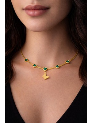 No Name Gold Renk Parlak Yeşil Kalp Taşlı Kelebek Figürlü Çelik Kolye