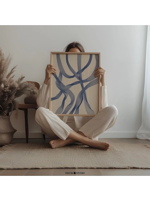Ninastore Modern Soyut Sanat - Bej Mavi Indirilebilir Çizgi Sanatı | Minimalist Nötr Çizgi Baskı | Şık Estetik