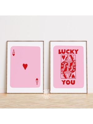 Ninastore "şanslısın" Baskılı 2'li Set / Retro Oyun Kartları Posteri / Maksimalist Dekor / Kupa Kraliçesi / Ya