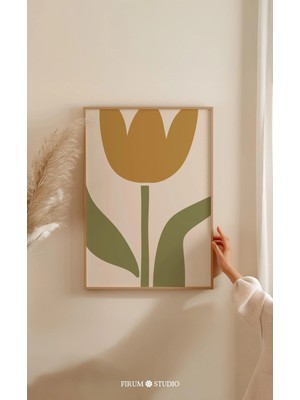 Ninastore Lale Soyut Çiçek Desenli Baskılı Duvar Sanatı - Soluk Yeşil ve Sarı Boho Renk Baskısı / Toprak Tonla