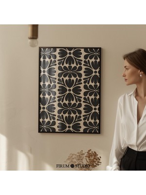 Ninastore Siyah ve Bej Soyut Çiçek Desenli Baskılı Duvar Sanatı – Hüzünlü Modern Botanik Tasarım / Koyu Boho E