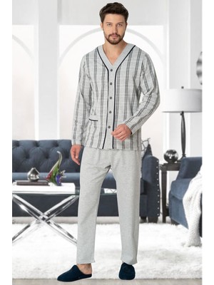By Mecit Pijama Mecit 2767 Gri Önden Düğmeli Büyük Beden Erkek Pijama Takımı