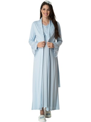 Mecit Pijama Mecit 5417 Mavi Uzun Sabahlıklı Lohusa Gecelik Takımı