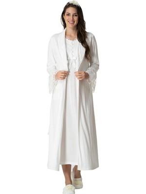 Mecit Pijama Mecit 5417 Ekru Uzun Sabahlıklı Lohusa Gecelik Takımı