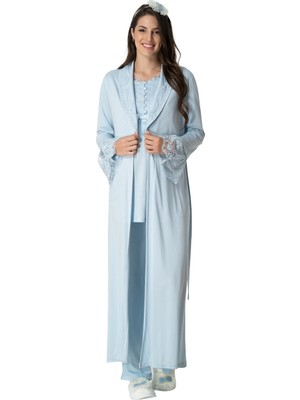 Mecit Pijama Mecit 5416 Mavi Uzun Sabahlıklı Lohusa Pjama Takımı