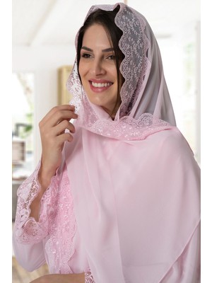 By Mecit 0030 Pembe Taşlı Işlemeli Şifon Şal