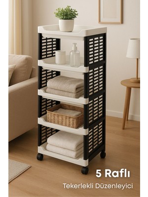 Feyza Design 5 Raflı Tekerlekli Plastik Organizer, Mutfak ve Banyo Için Düzenleyici