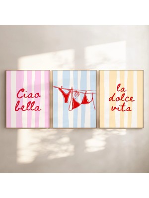 Ninastore 3'lü Plaj Baskısı Seti / Italyan Yaz Duvar Sanatı Seti / La Dolce Vita Ciao Bella Posterleri / Trend