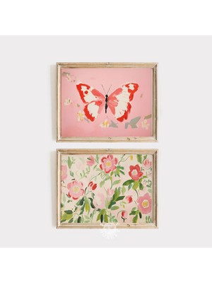Ninastore Kelebek Baskılı 2'li Set / Pembe Kız Çocuk Dijital Baskı / Kız Çocuk Odası Tablosu / Çiçekli Şık Est