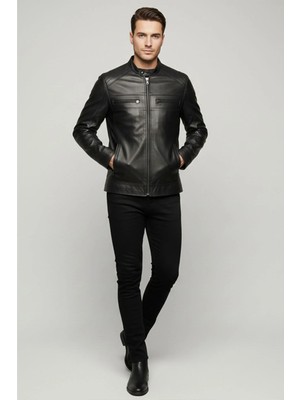 Deriderim Rider Siyah Hakim Yaka Erkek Hakiki Deri Mont