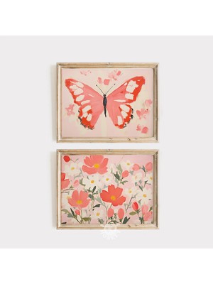 Ninastore Kelebekli Çiçek Desenli Set/ Pembe Kız Çocuk Estetiği Dekorasyon/ Kız Çocuk Odası Tablosu/ Şık Oda D