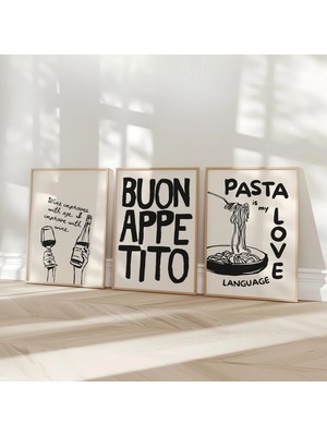 Ninastore Makarna Baskı Seti/ 3'lü Mutfak Baskı Seti/ Komik Yemek Duvar Sanatı/ Şarap Posteri/ Retro Yazdırıla
