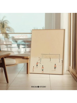 Ninastore Plaj Voleybolu Baskılı Duvar Sanatı – Minimalist Sahil Sporları Illüstrasyonu/ Modern Plaj Evi Dekor