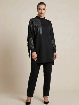 Crystalia Üst Kısmı Püskül Detaylı Siyah Kadın Alt-Üst Takım