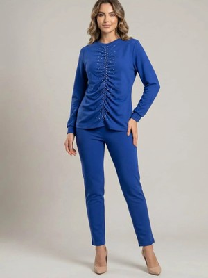 Crystalia Bluz Kısmı Işleme Detaylı Mavi Kadın Alt-Üst Takım