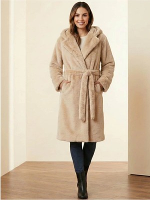 Crystalia Beli Kemerli Kapüşonlu Geniş Yaka Açık Kahve Peluş Kadın Kaban