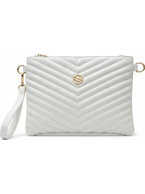 Sanmorris Kadın Suni Deri Ayarlanabilir Çapraz ve El Askılı Beyaz Renkli Portföy, Clutch Çanta