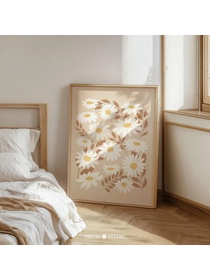 Ninastore Bej Papatya Baskılı Duvar Sanatı / Nötr Çiçekli Boho Dekorasyon / Toprak Tonlarında Papatya Indirile