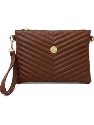 Sanmorris Kadın Suni Deri Ayarlanabilir Çapraz ve El Askılı Taba Renkli Portföy, Clutch Çanta