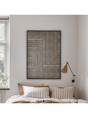 Ninastore Soyut Çizgiler Duvar Sanatı Dijital Baskı - Bej ve Siyah Fırça Darbesi Geometrik Dekor | 1075