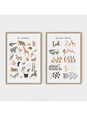 Ninastore Hayvanlı Alfabe ve Sayı Posterleri / 2'li Set / Yazdırılabilir Duvar Sanatı / Boho Çocuk Odası Dekor