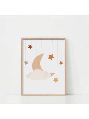 Ninastore Hayalperest Boho Ay ve Yıldızlar Baskılı Bebek Odası Dekorasyonu / Nötr Bebek Odası Posteri / Çocuk