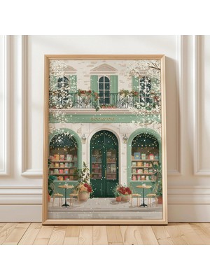 Ninastore Paris Kitapçısı Sanatı / Kış Kafe Baskısı / Karlı Sokak Manzarası / Samimi Kitapçı Posteri / Fransız