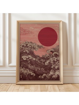 Ninastore Vintage Japon Dalga Sanatı Baskısı Kırmızı Güneş Okyanus Illüstrasyonu Retro Çizgi Çalışması Deniz D